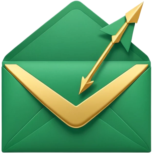 3D minimal envelope icon slightly open with subtle upward arrow coming out, matte finish, deep green (#0B3D2C), gold (#C9B037) arrow accent, Apple style, ultra sleek and clean, soft shadow, transparent background emoji