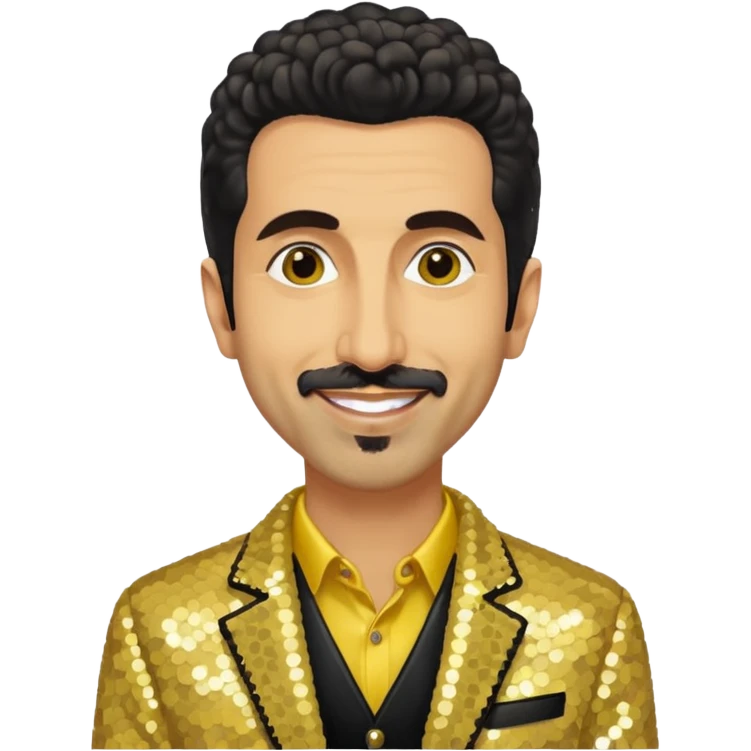 Serj Tankian with ivory sequin jacket, yellow shirt emoji