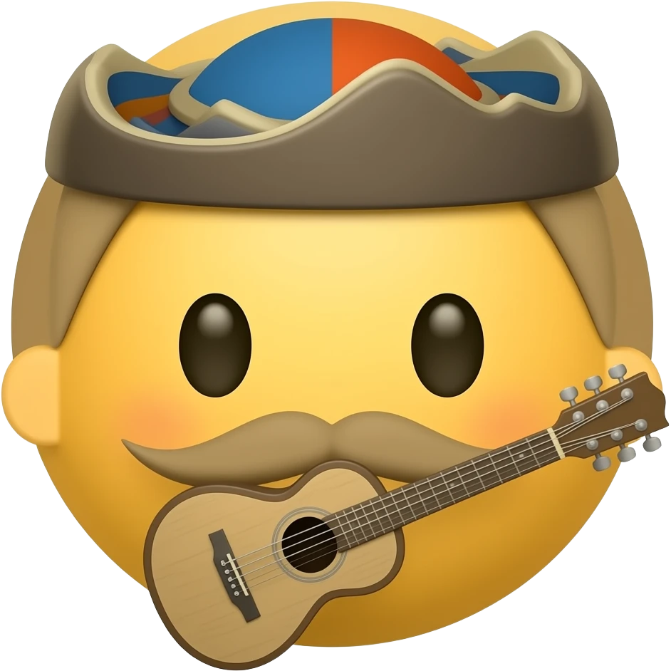 verry round yellow face emoji with a "medieval bard hat" and a "medieval bard instrument", "no arms nor hands" emoji