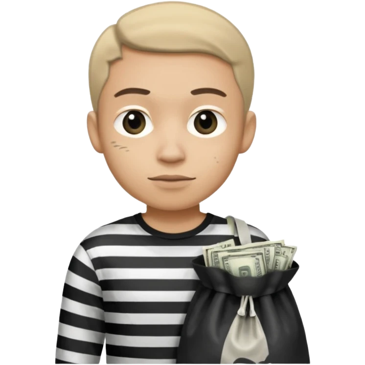 Un ladrón con camisa de rayas blancas y negras mirando hacia la frente con una bolsa de dinero  emoji