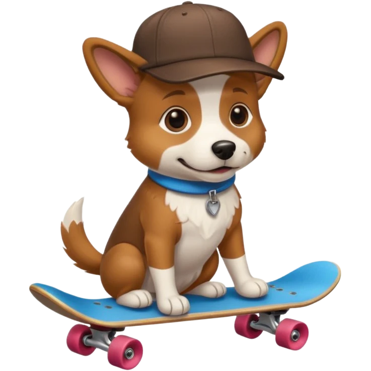 Dog siting down on a skateboard with a hat on backwords emoji