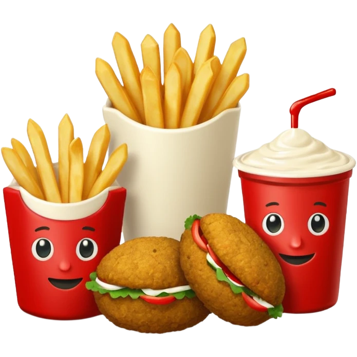 falafel and fries, with two small containers, one with red sauce and one wwhite sauce  emoji