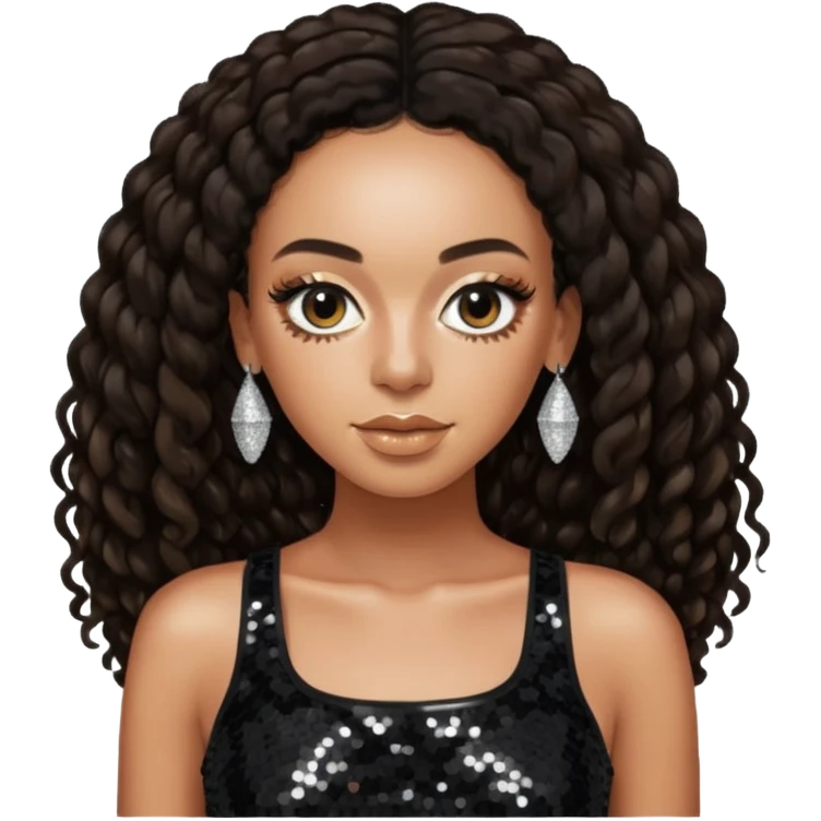 Solange with long dark brown hair, black sequin crop top, black sequin pants emoji