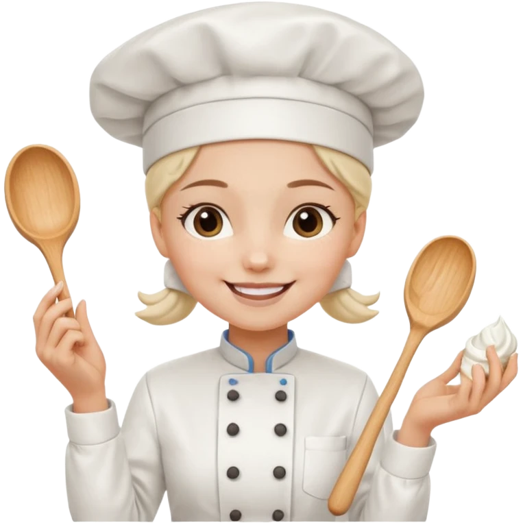 Young female baker - white chef hat, holding cream piping bags in both hands emoji