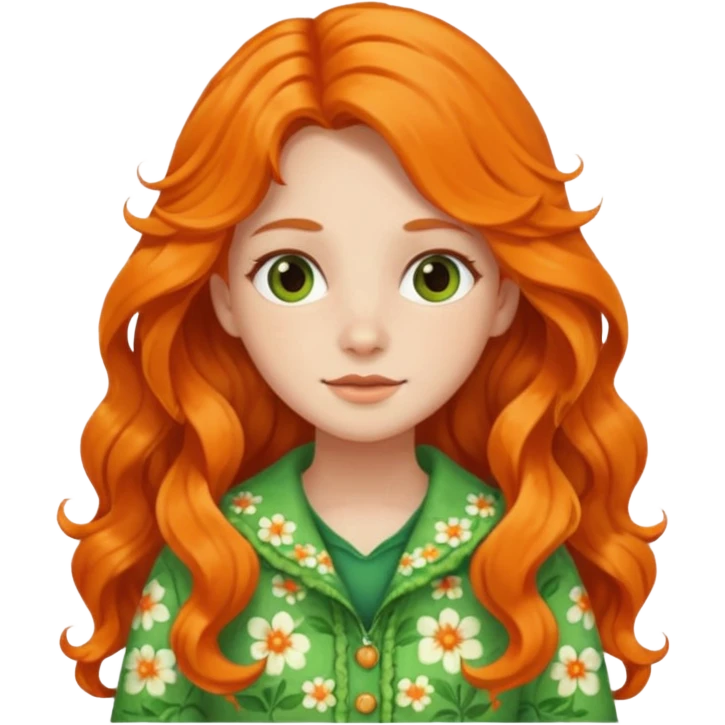 orange wavy long hair girl with wearing green cottage core flowery clothes emoji