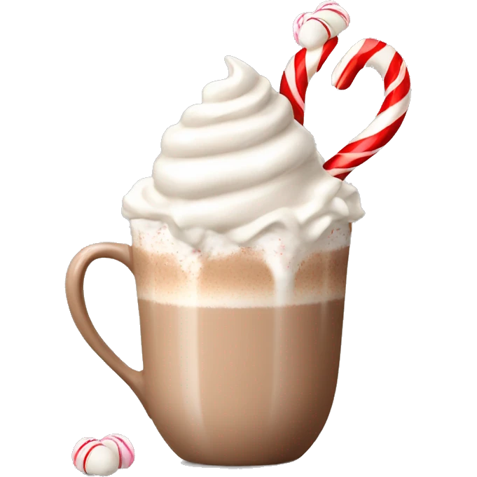 beige hot chocolate with marshmallows and whipped cream and candy cane emoji