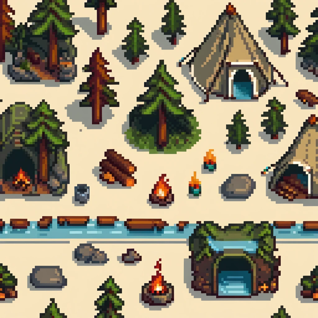 forest camping tile set with trees, tent, campfire, logs, river, rocks, and bushes emoji