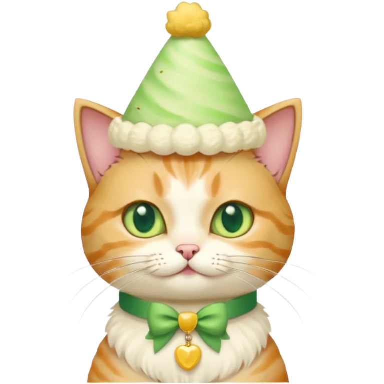 cat wearing a creamy cake hat with fun necklace around his neck and a yellow bow in the middle emoji