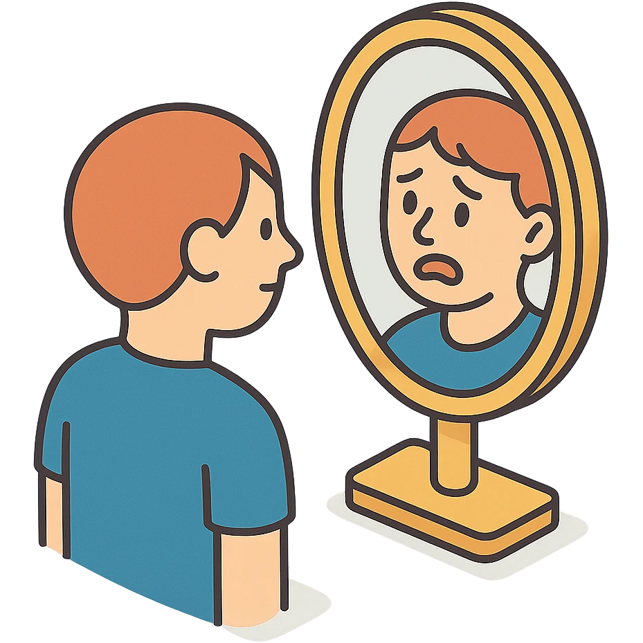 A mirror with a distorted reflection where the reflection appears more anxious or emotional. Style: 2D Isometric with clear shadows and highlights, transparent background. emoji