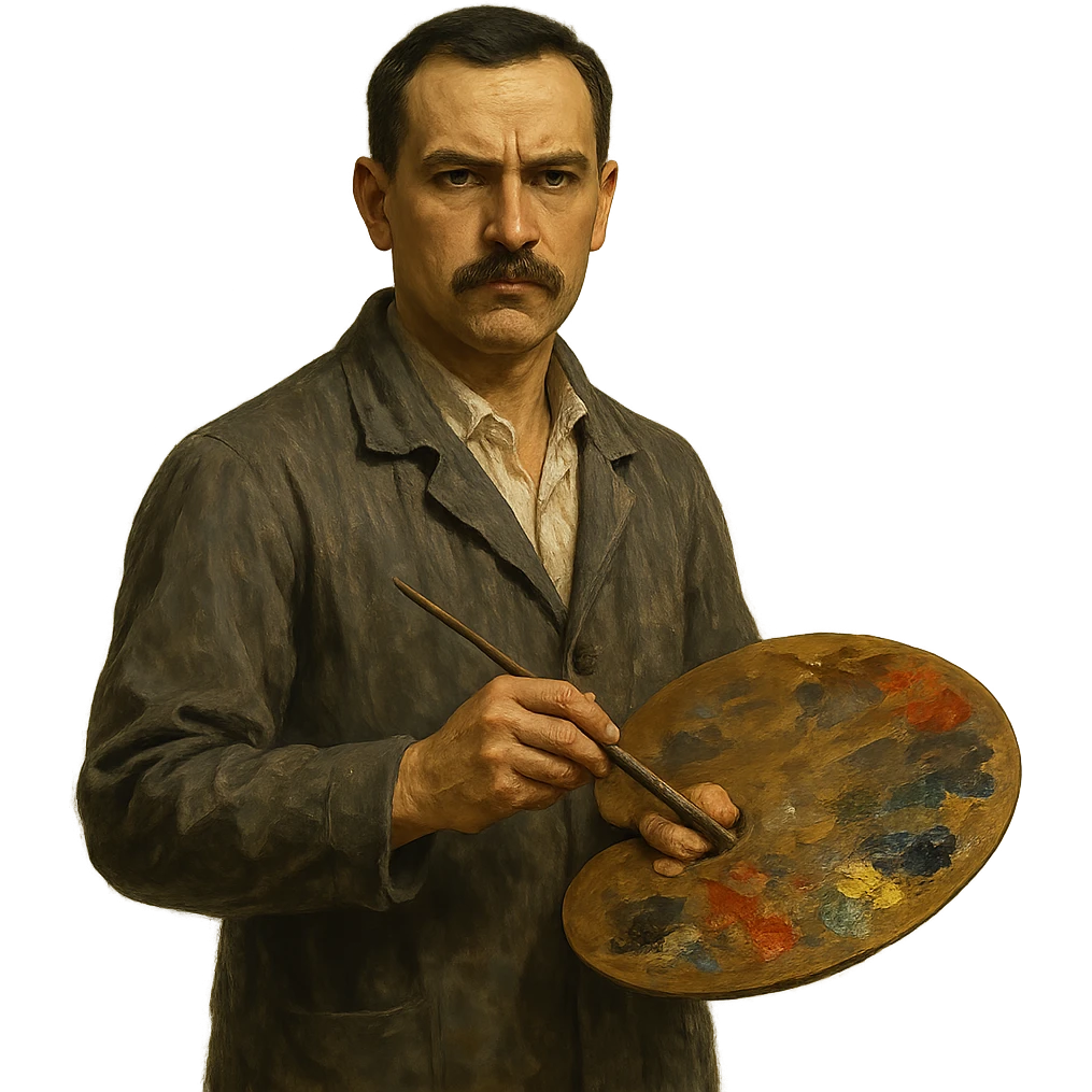serious painter man with a moustache and short hair, holding a palette emoji