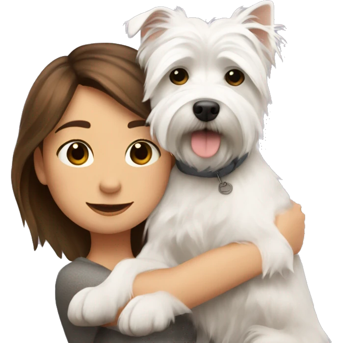 girl with brown hair hugs a west highland white terrier  emoji