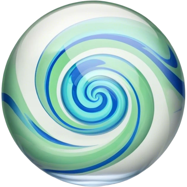 A single glass marble with a smooth, glossy surface. It is transparent with swirling blue and green patterns inside. The marble reflects light beautifully, creating subtle highlights and shadows. The background is softly blurred to emphasize the marble's intricate details emoji