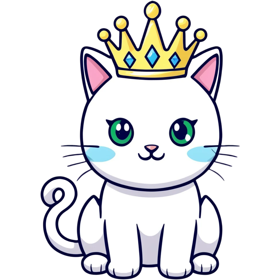 white cat with one green eye and one blue eye, wearing a princess crown emoji