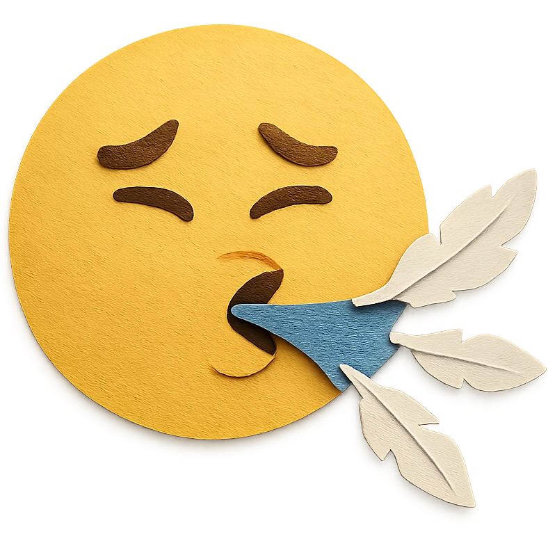paper craft style classic yellow round face emoji spitting feathers emoji