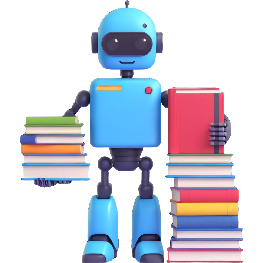 robot with a stack of books, friendly, writer theme emoji