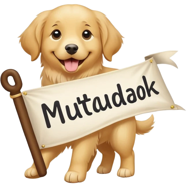 A cute and happy dog carrying long banner with word "MutualBook" emoji