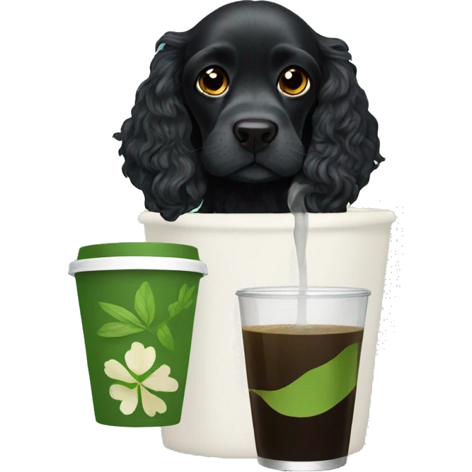 Black cocker spaniel drinking matcha emoji