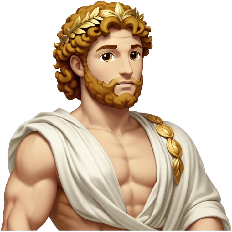Cinematic Realistic Hercules Portrait, head tilted dramatically with an exaggeratedly amused expression, blending the fierce valor of the Hercules with the classic elegance of Michelangelo's David. His light tan skin and thick, curly, golden brown hair, rendered with meticulous classical detail, frame a face of heroic determination and playful charm. Clad in a gracefully draped white robe adorned with subtle golden embellishments and accented by a distinguished Greek laurel wreath, dynamic lighting accentuates both his formidable physical power and his approachable, spirited demeanor. emoji