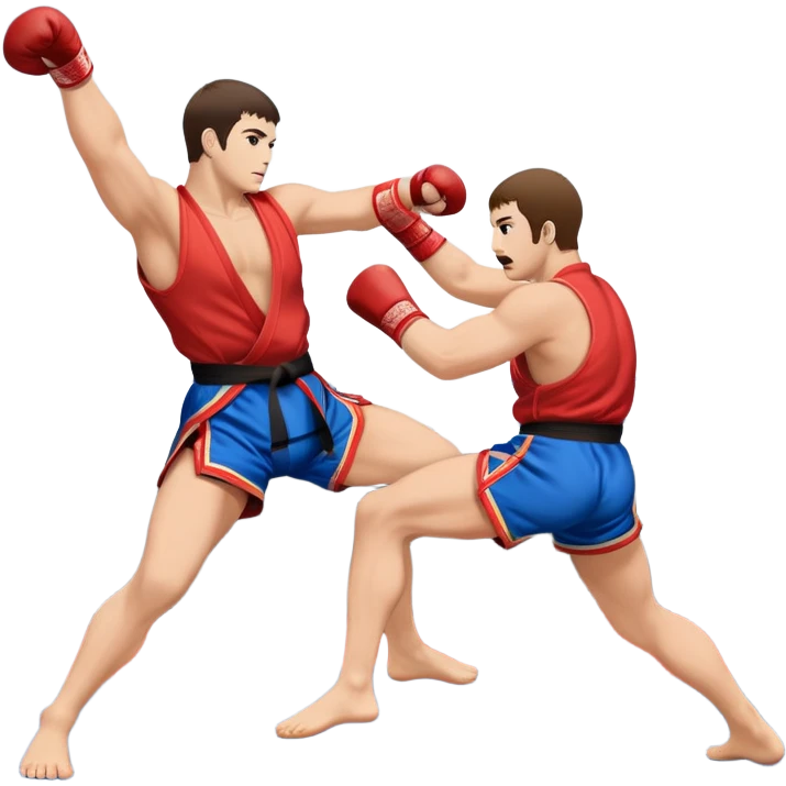 An icon symbolizing Sambo, featuring two fighters in blue and red kimonos with shorts. One executes a powerful throw, while the other attempts a defensive grab. The fighters are engaged in a grapple, using joint locks and sweeps. The background features a wrestling mat/ emoji