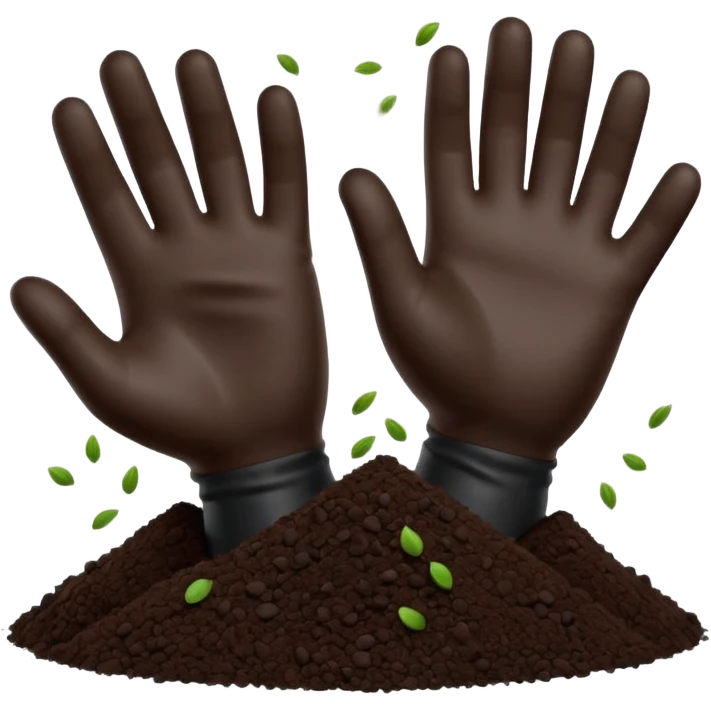 A 3D cartoon pair of gloved hands holding rich dark soil, small bits falling between fingers, bright garden background, soft light, Memoji-style realism. emoji