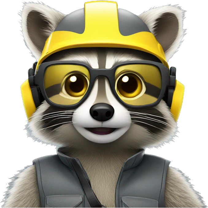 gray raccoon with yellow helmet, safety glasses and yellow ear protectors emoji
