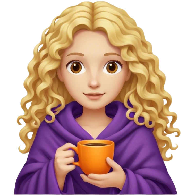 Blonde curly long hair lady inside a purple blanket with a orange cup of coffe emoji