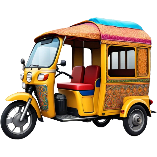 Cinematic Realistic Indian Auto Rickshaw Emoji, depicted as a colorful, bustling auto rickshaw with intricate designs and vibrant hues, rendered with lively textures and dynamic urban lighting that captures its quintessential presence in Indian cities. emoji