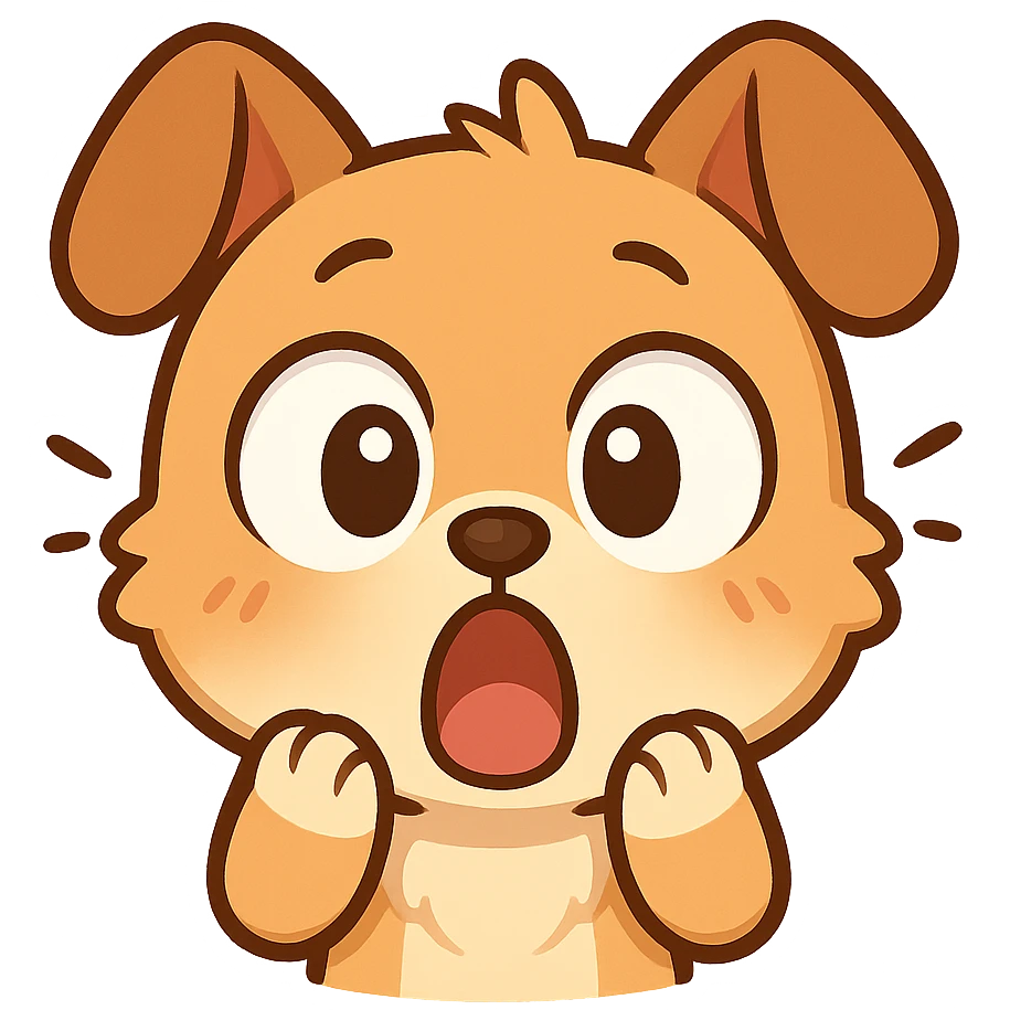 surprised cartoon dog emoji, wide eyes, ideal for Twitch chat emoji