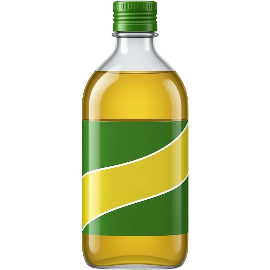 Transparent cooking oil bottle in Natura Argentina style, golden oil, minimalist green and yellow label, green cap, realistic emoji
