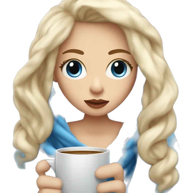 Blonde girl inside a blanket sipping coffee blue eyes open, big lips and cold blond hair   emoji