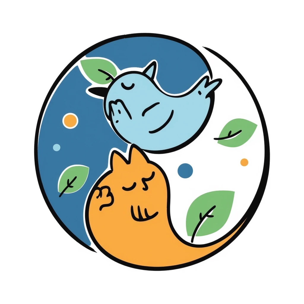 A colorful yin-yang symbol in blues and oranges with gentle leaf patterns in green, representing harmony and balance. Hand-drawn doodle style with vibrant colors. emoji