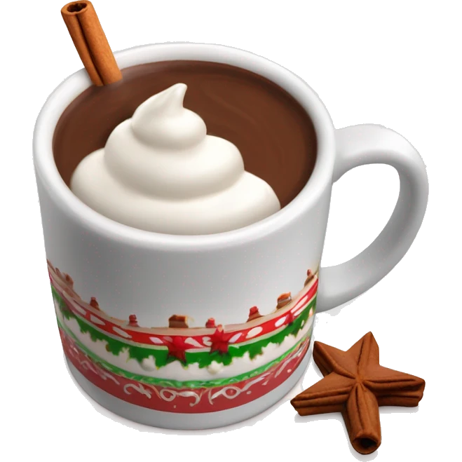 Decorated Christmas mug of hot chocolate with whipped cream and cinnamon emoji