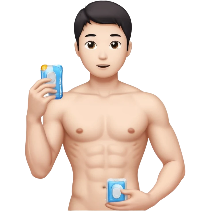 Male shirtless white skin Asian korean six pack sexy big dih lean full body without pants hold condom and jerking off emoji