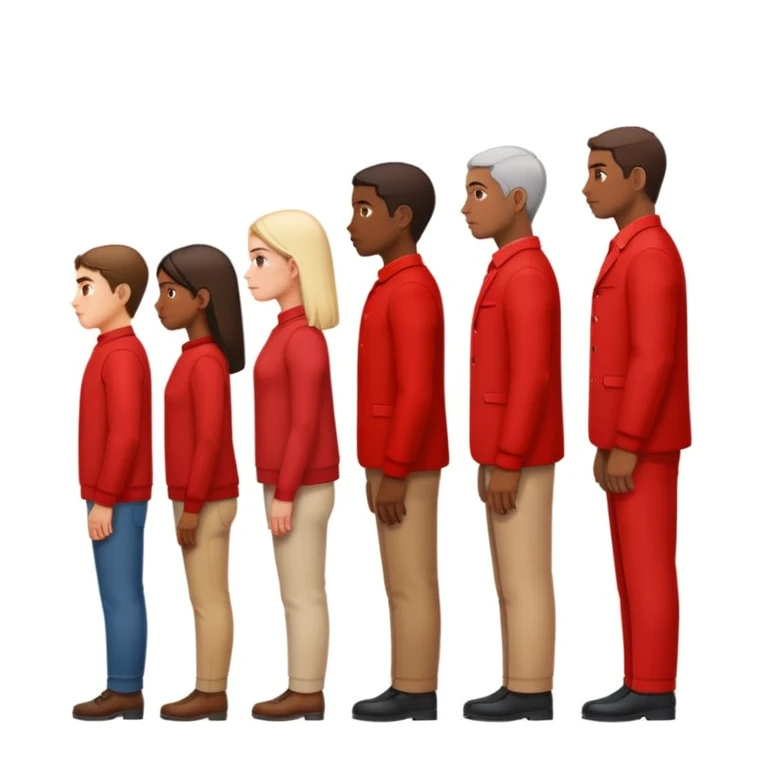A line of people standing in profile, one behind the other, red background emoji