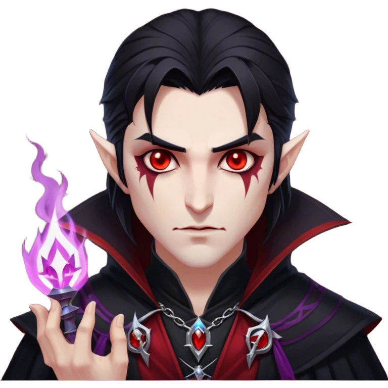 Cinematic Realistic WoW Vampire Mage Portrait, head tilted epicly and inquisitively, showcasing a commanding presence and ancient arcane mastery. His pallid skin and sleek dark hair are set against the intricately detailed black robe—with silver accents and mystical runes—that remains consistent in its shadowed elegance. His piercing crimson eyes blaze with forbidden power, rendered with dramatic, lifelike clarity and high shine, epic and awe-inspiring. emoji