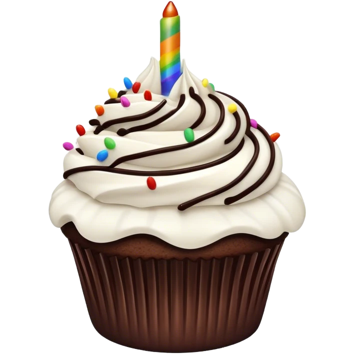 Chocolate cupcake with flat white frosting and chocolate drizzle with rainbow sprinkles emoji