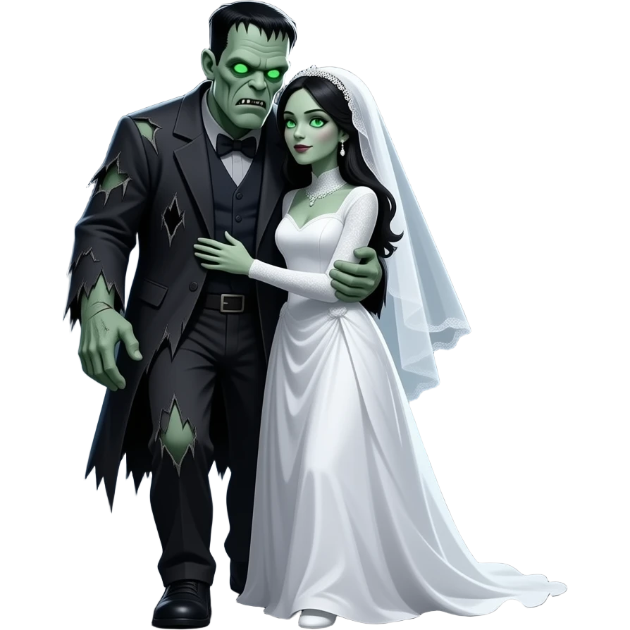 Frankenstein Monster embraces his monstrous bride while walking through a desolate night landscape emoji