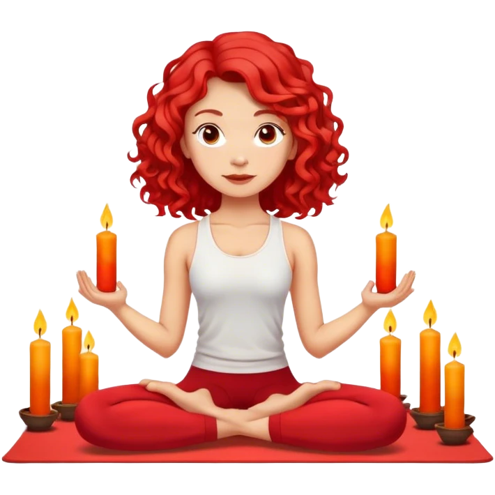 Light skin, yoga, red curled hair shoulder length, candles on the yoga mat emoji