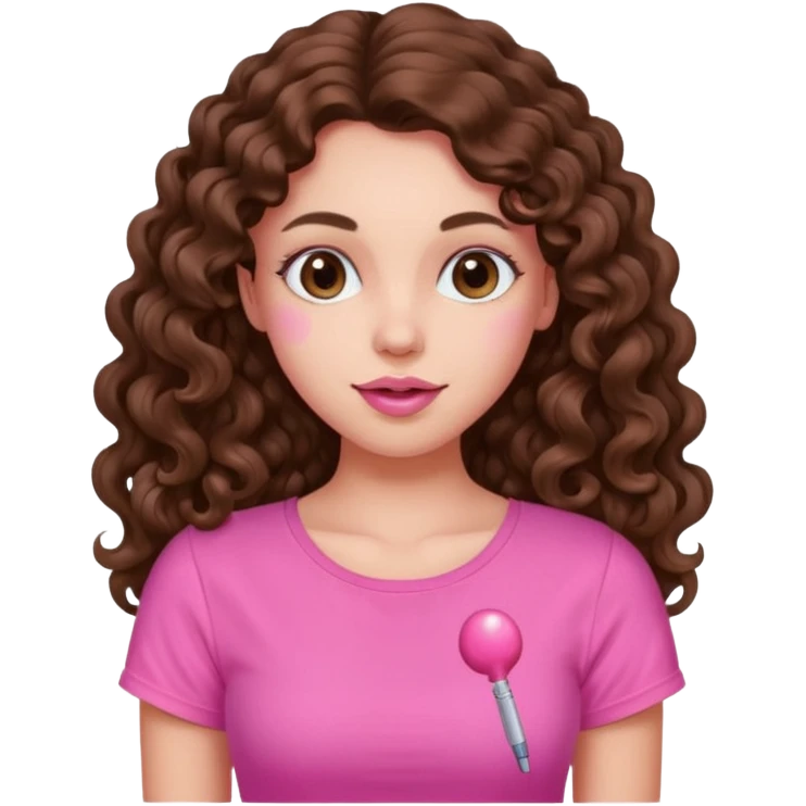 crée moi une jeune fille très belle avec les cheveux bouclés long brune avec un top rose bonbon  emoji