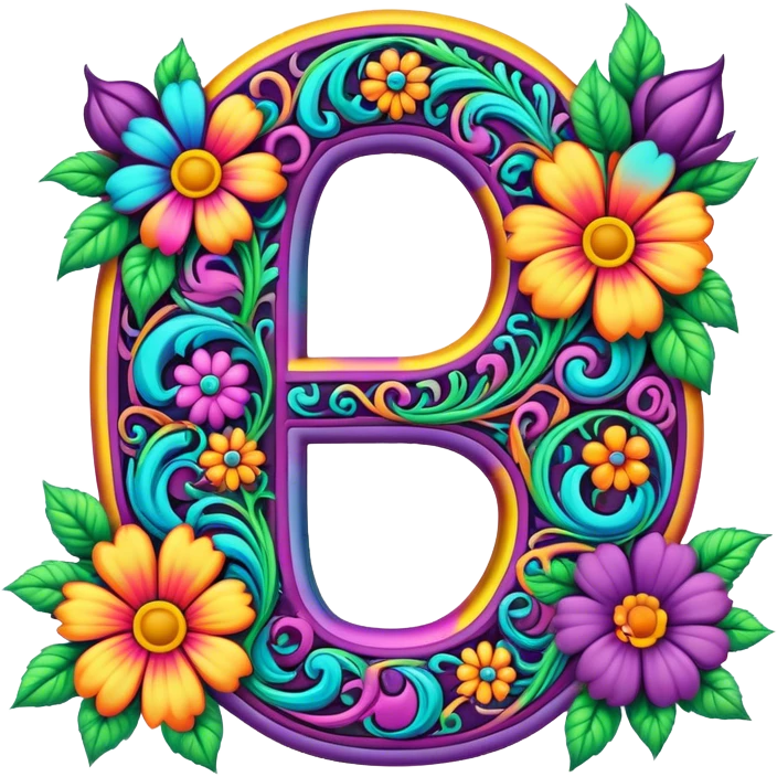 3D, gothic style psychedelic colored Letter “D” with hippie style flower border emoji