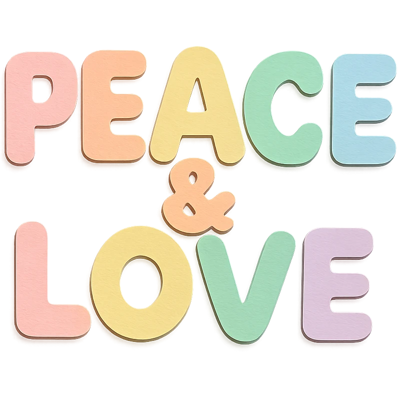 "Peace & Love" in soft pastel rainbow rounded bold letters, kawaii cute font, no border, transparent background emoji