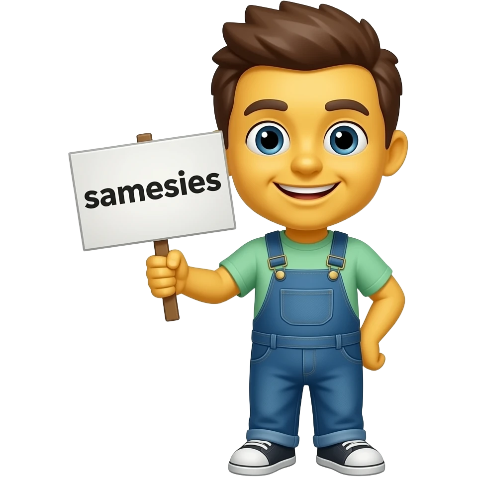 Yellow smiley face holding up a sign that says "samesies" emoji