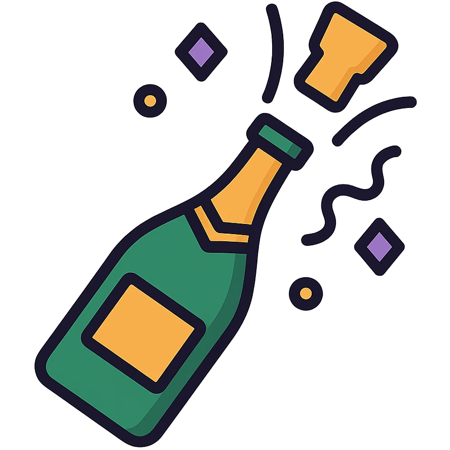champagne bottle popping with confetti in purple, black, and gold, representing celebration at luxury events and milestone parties emoji