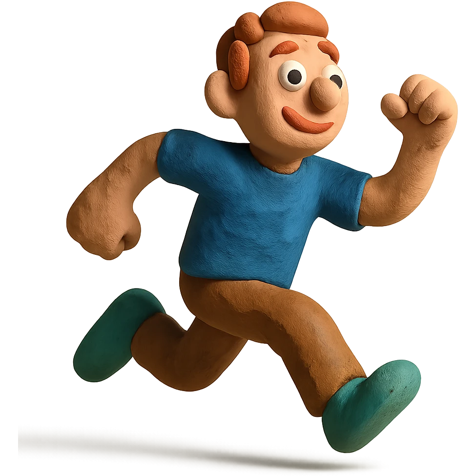 claymation style person in running pose with playful energy emoji