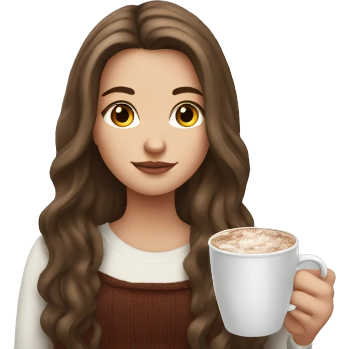 white girl with brown long hair and a hot chocolate emoji