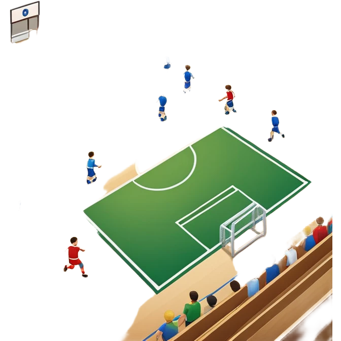 A mini-football match in an indoor sports hall with a wooden floor and clear court markings. The scene captures players in action, with the ball moving towards the goal, and the surrounding bleachers and overhead lights adding to the atmosphere of a competitive game. emoji