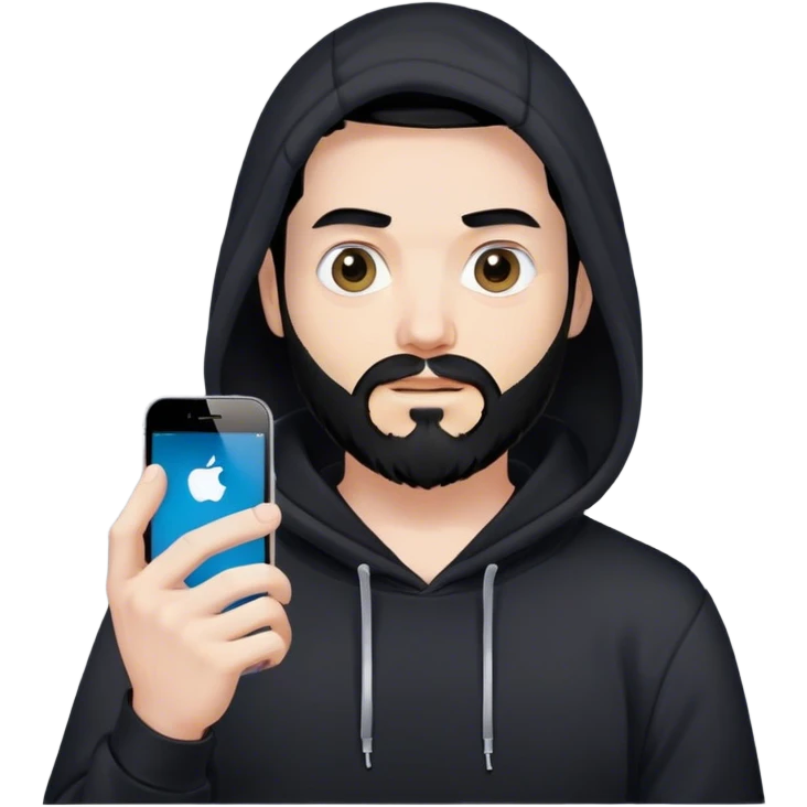 hackeur blanc cheveux noir barbe et capuche noir avec un iphone emoji