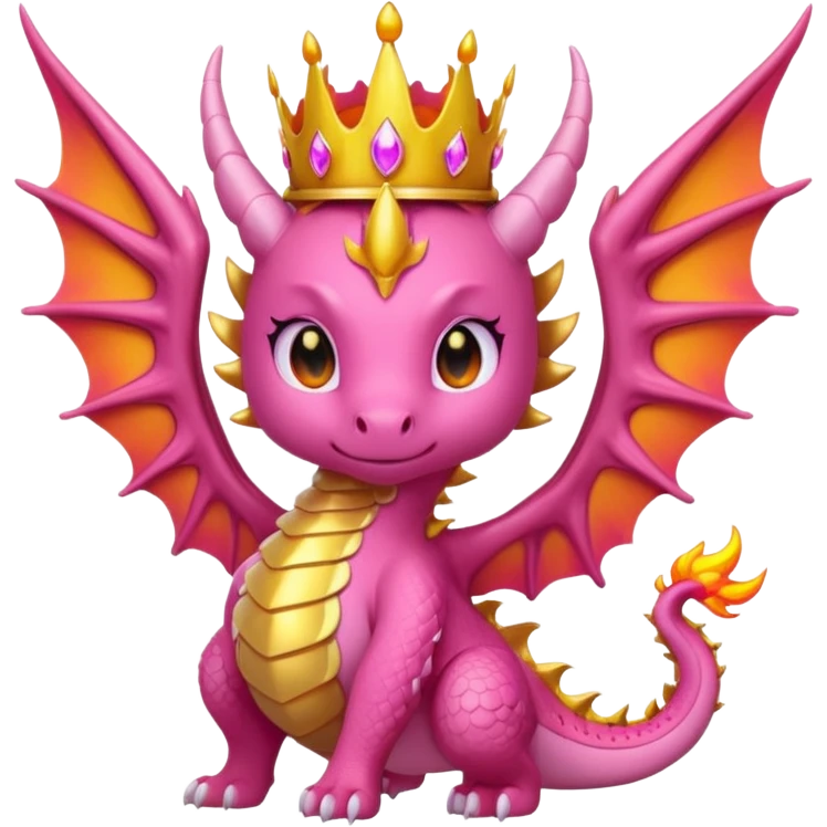 cute pink dragon queen breathing fire, golden crown, big wings, glowing eyes, pink and orange flames, epic kawaii fantasy style, bold outline, high contrast, transparent background, twitch badge emoji