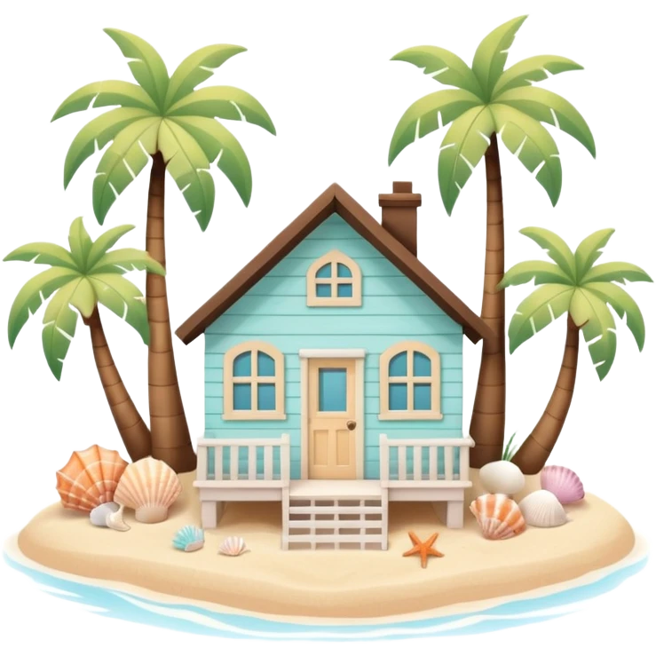 cute beach house, small seaside house, wooden walls, pastel colors, palm trees, seashells, warm sunlight, 3D cartoon, mobile game icon style, soft shadows, clean background, no text, no watermark
 emoji