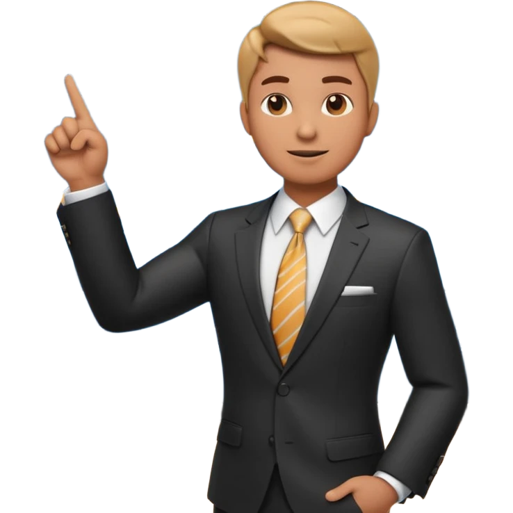 A stylized 3D emoji icon of a male financial analyst in a sharp formal suit and tie. He has a confident, speaking expression and is pointing his finger back towards a large digital screen behind him. The screen is glowing with complex financial line graphs, upward arrow trends. emoji